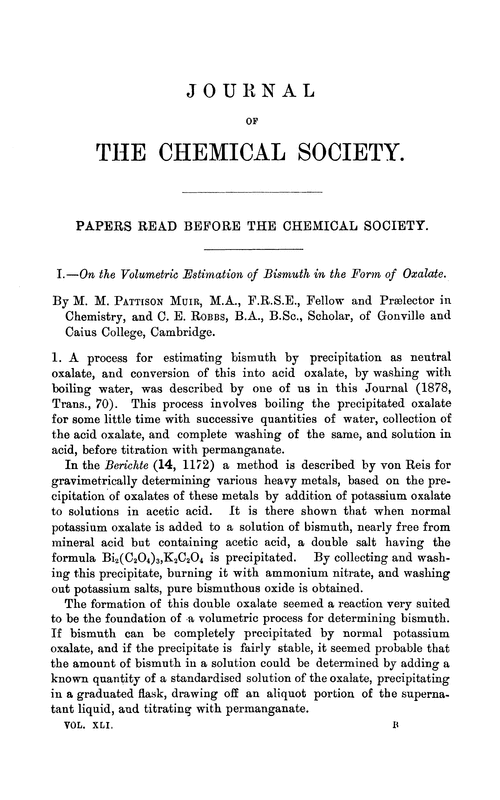 I.—On the volumetric estimation of bismuth in the form of oxalate