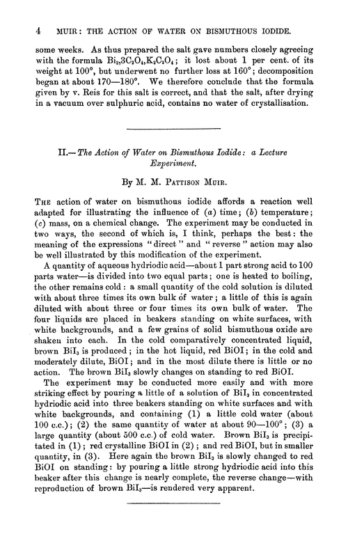 II.—The action of water on bismuthous iodide: a lecture experiment
