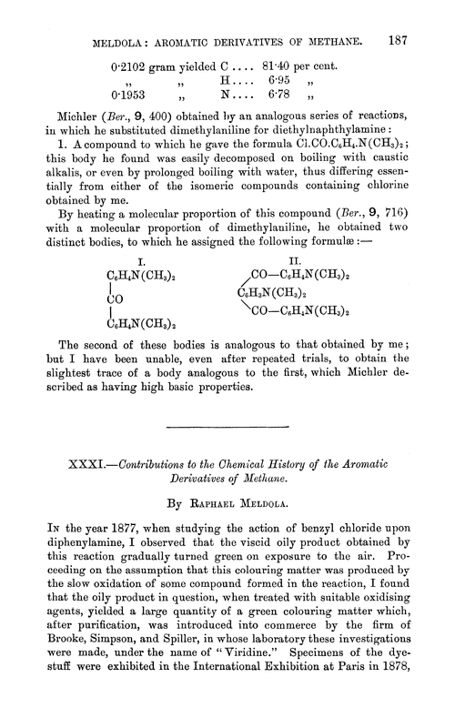 XXXI.—Contributions to the chemical history of the aromatic derivatives of methane