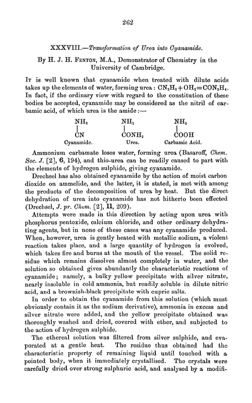 XXXVIII.—Transformation of urea into cyanamide