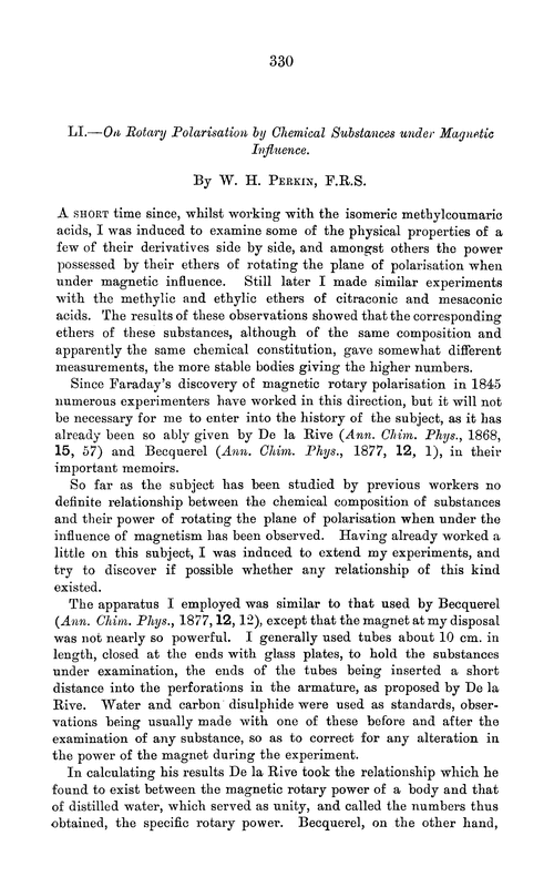 LI.—On rotary polarisation by chemical substances under magnetic influence