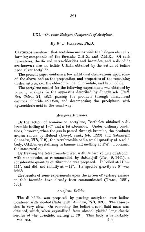 LXI.—On some halogen compounds of acetylene