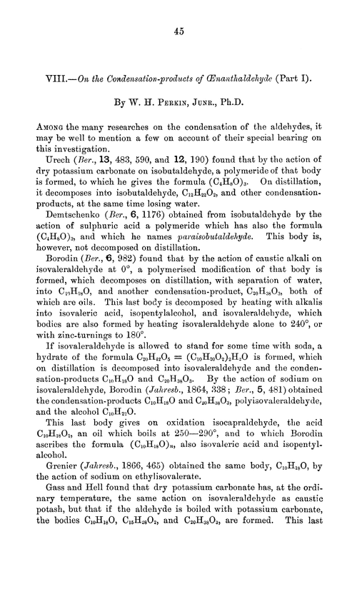 VIII.—On the condensation-products of œnanthaldehyde (Part I)