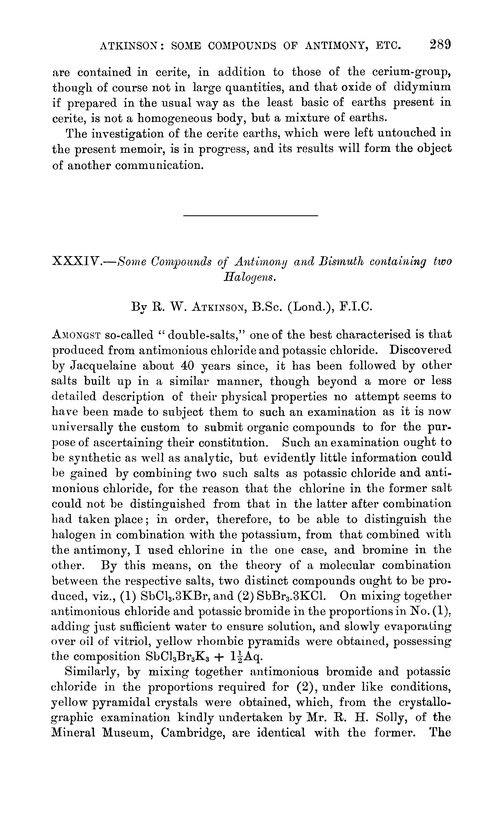 XXXIV.—Some compounds of antimony and bismuth containing two halogens