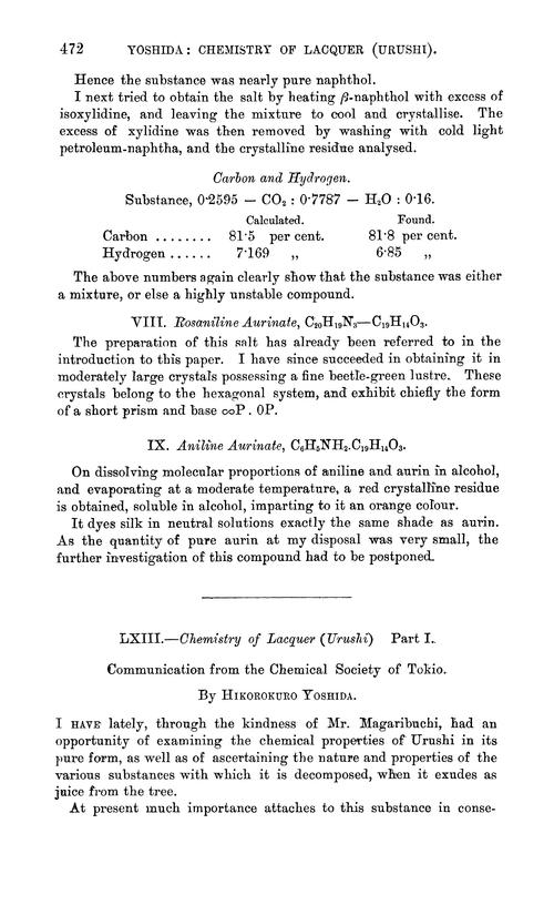 LXIII.—Chemistry of lacquer (Urushi). Part I. Communication from the Chemical Society of Tokio