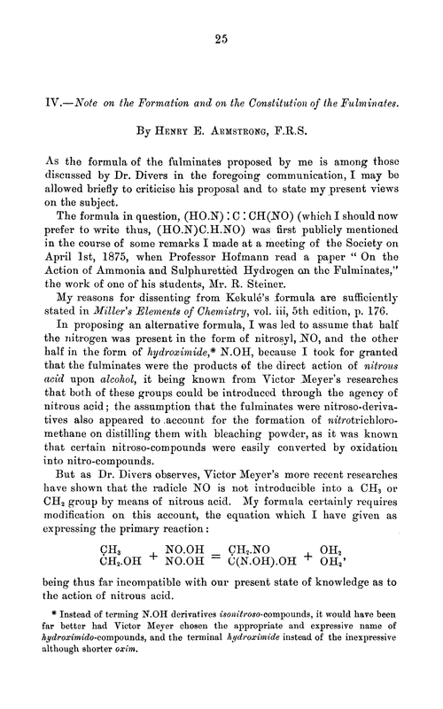IV.—Note on the formation and on the constitution of the fulminates