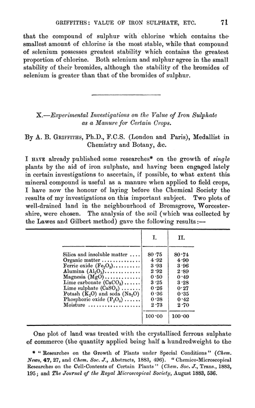 X.—Experimental investigations on the value of iron sulphate as a manure for certain crops