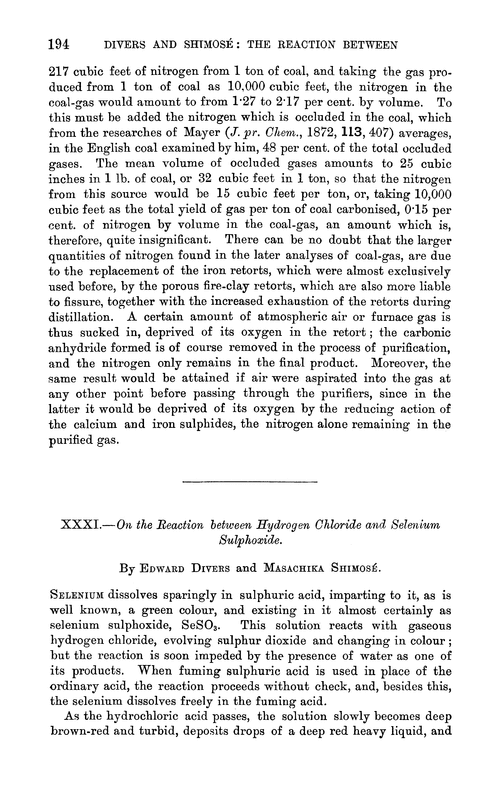 XXXI.—On the reaction between hydrogen chloride and selenium sulphoxide