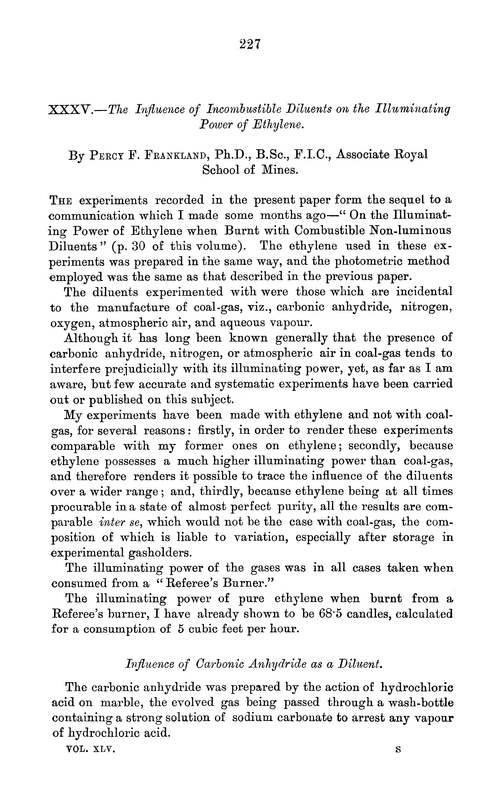 XXXV.—The influence of incombustible diluents on the illuminating power of ethylene