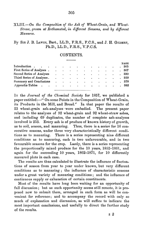 XLIII.—On the composition of the ash of wheat-grain, and wheat-straw, grown at Rothamsted, in different seasons, and by different manures