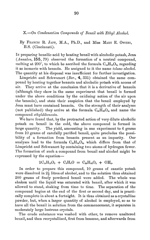 X.—On condensation compounds of benzil with ethyl alcohol