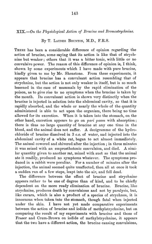 XIX.—On the physiological action of brucine and bromostrychnine