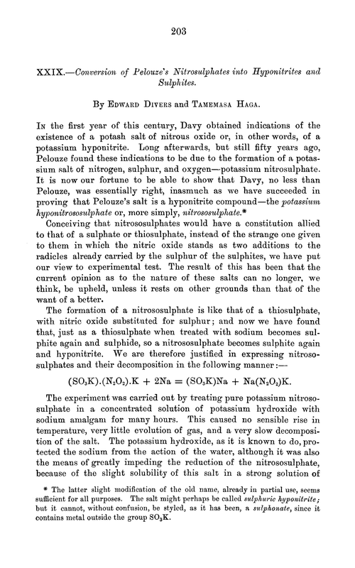 XXIX.—Conversion of Pelouze's nitrosulphates into hyponitrites and sulphites