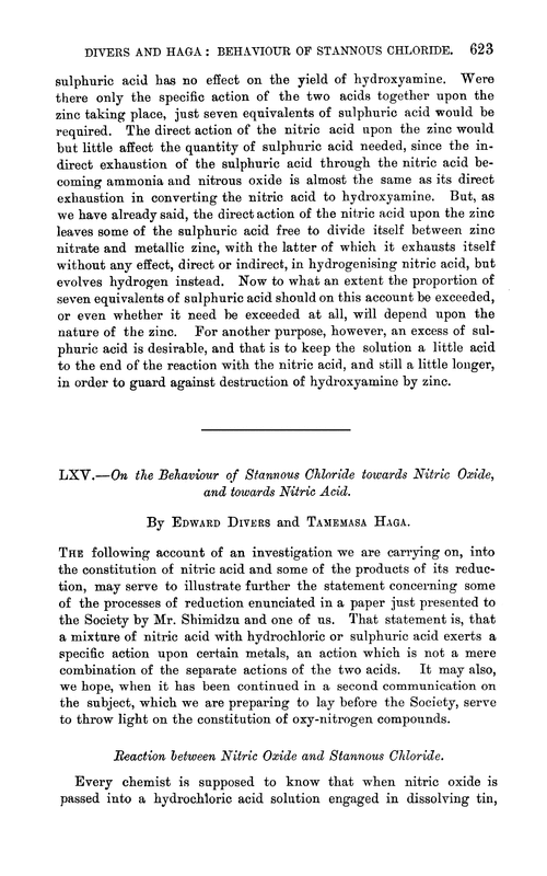 LXV.—On the behaviour of stannous chloride towards nitric oxide, and towards nitric acid
