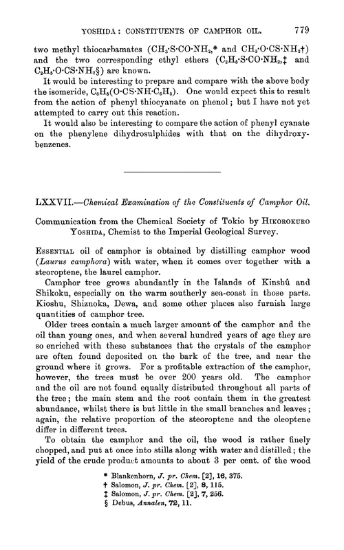 LXXVII.—Chemical examination of the constituents of camphor oil
