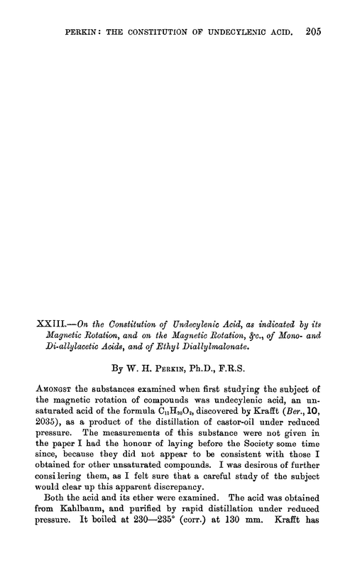 XXIII.—On the constitution of undecylenic acid, as indicated by its magnetic rotation, and on the magnetic rotation, &c., of mono- and di-allylacetic acids, and of ethyl diallylmalonate