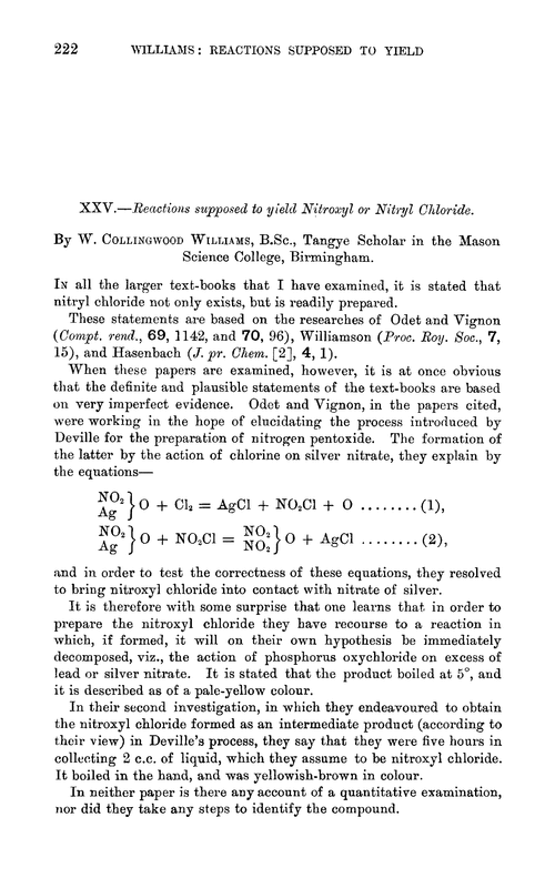 XXV.—Reactions supposed to yield nitroxyl or nitryl chloride