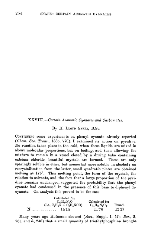 XXVIII.—Certain aromatic cyanates and carbamates
