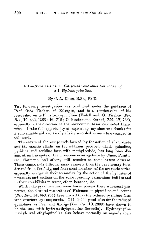 LII.—Some ammonium compounds and other derivatives of α-1′ hydroxyquinoline