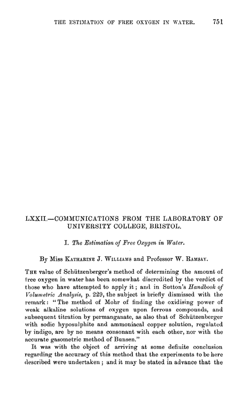 LXXII.—Communications from the Laboratory of University College, Bristol. I. The estimation of free oxygen in water