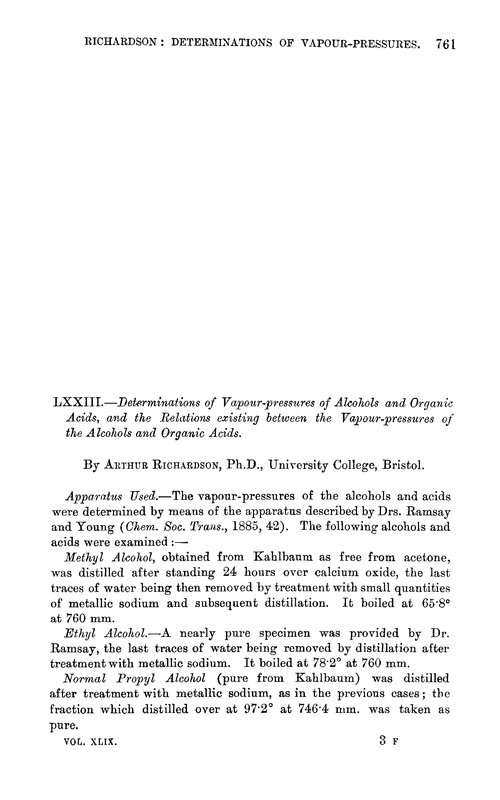 LXXIII.—Determinations of vapour-pressures of alcohols and organic acids, and the relations existing between the vapour-pressures of the alcohols and organic acids