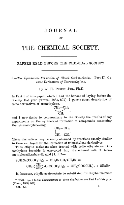 I.—The synthetical formation of closed carbon-chains. Part II. On some derivatives of tetramethylene