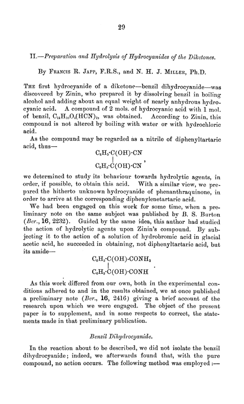 II.—Preparation and hydrolysis of hydrocyanides of the diketones