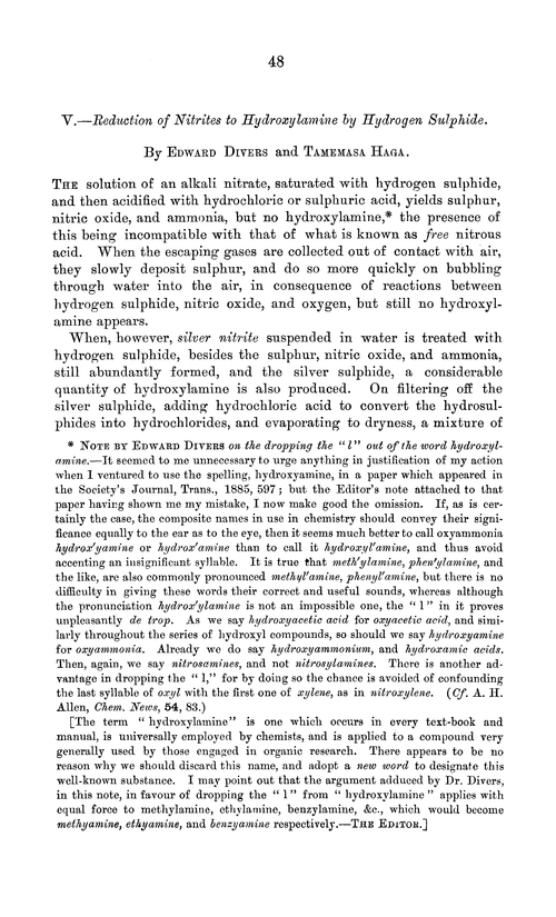 V.—Reduction of nitrites to hydroxylamine by hydrogen sulphide