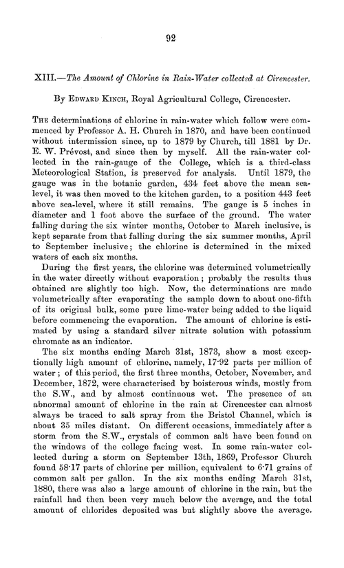 XIII.—The amount of chlorine in rain-water collected at Cirencester