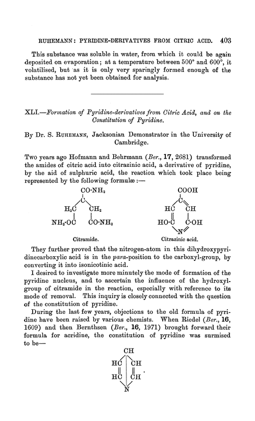 XLI.—Formation of pyridine-derivatives from citric acid, and on the constitution of pyridine