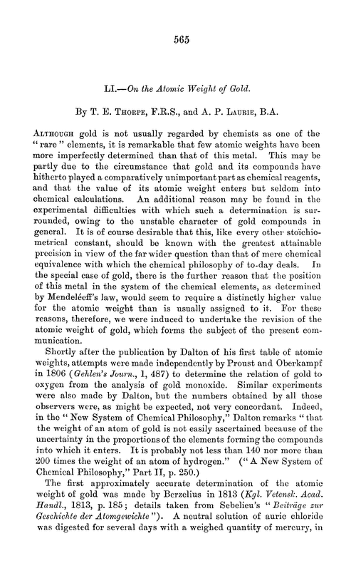 LI.—On the atomic weight of gold