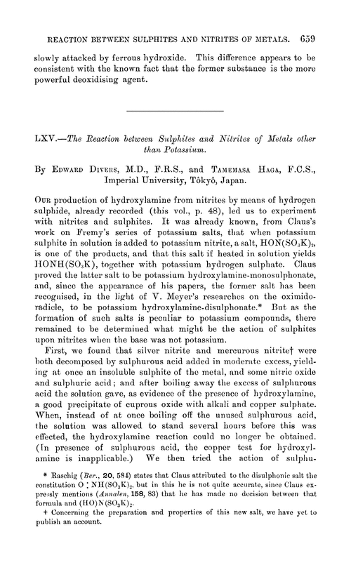 LXV.—The reaction between sulphites and nitrites of metals other than potassium