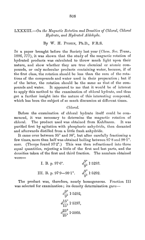 LXXXIII.—On the magnetic rotation and densities of chloral, chloral hydrate, and hydrated aldehyde