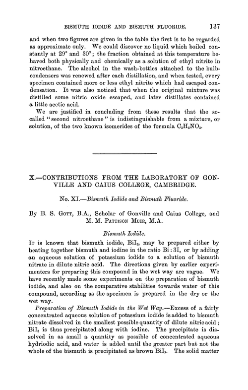 X.—Contributions from the Laboratory of Gonville and Caius College, Cambridge. No. XI.—Bismuth iodide and bismuth fluoride