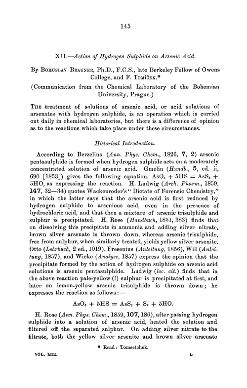 XII.—Action of hydrogen sulphide on arsenic acid