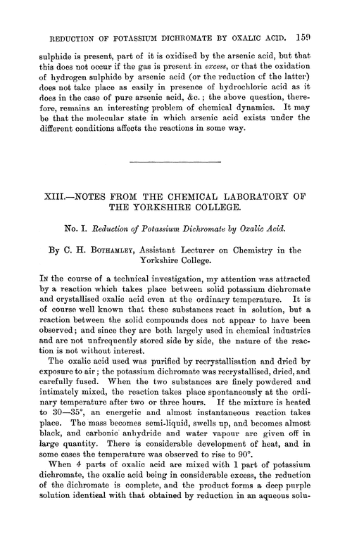 XIII.—Notes from the Chemical Laboratory of the Yorkshire College. No. I. Reduction of potassium dichromate by oxalic acid