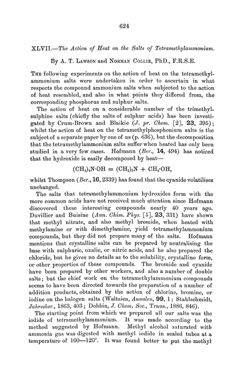 XLVII.—The action of heat on the salts of tetramethylammonium