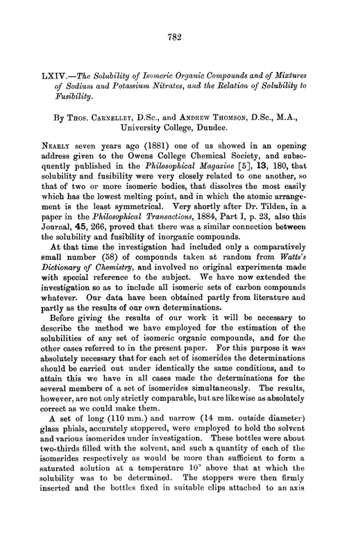 LXIV.—The solubility of isomeric organic compounds and of mixtures of sodium and potassium nitrates, and the relation of solubility to fusibility