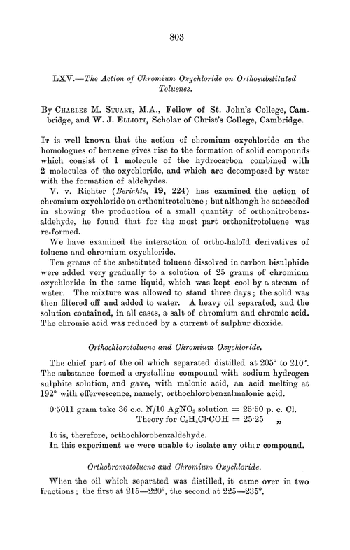 LXV.—The action of chromium oxychloride on orthosubstituted toluenes