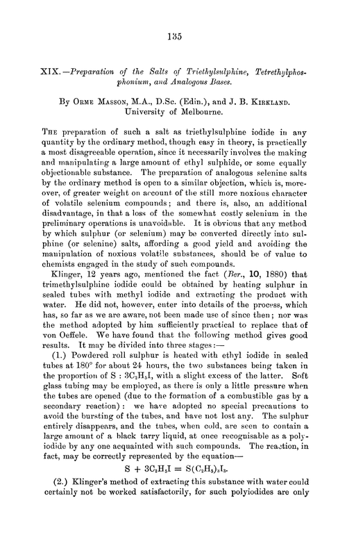 XIX.—Preparation of the salts of triethylsulphine, tetrethylphosphonium, and analogous bases