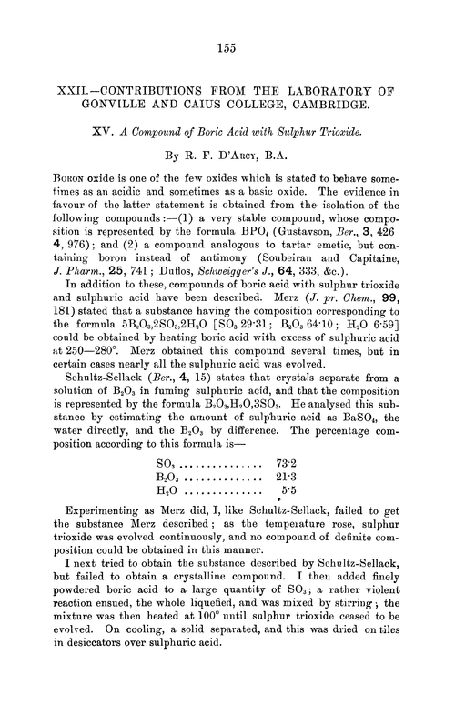 XXII.—Contributions from the Laboratory of Gonville and Caius College, Cambridge. XV. A compound of boric acid with sulphur trioxide