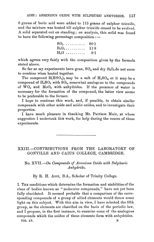 XXIII.—Contributions from the Laboratory of Gonville and Caius College, Cambridge. No. XVII.—On compounds of arsenious oxide with sulphuric anhydride