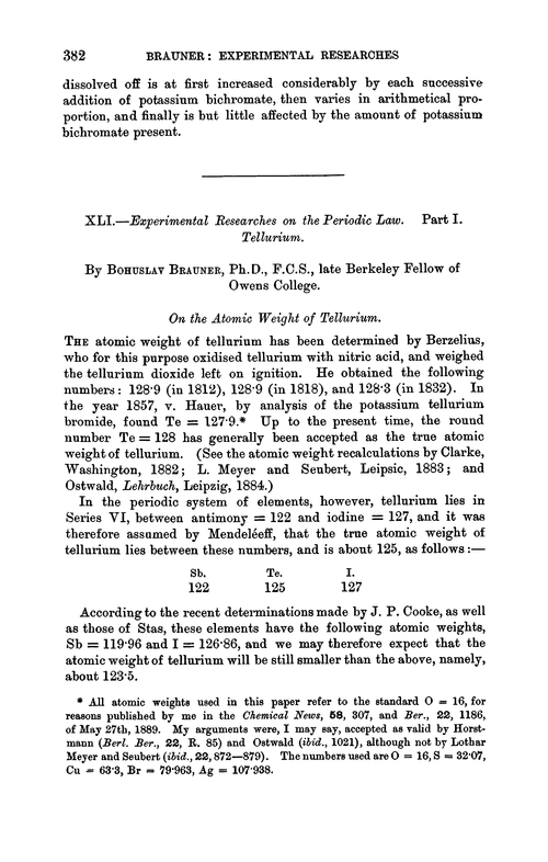 XLI.—Experimental researches on the periodic law. Part I. Tellurium