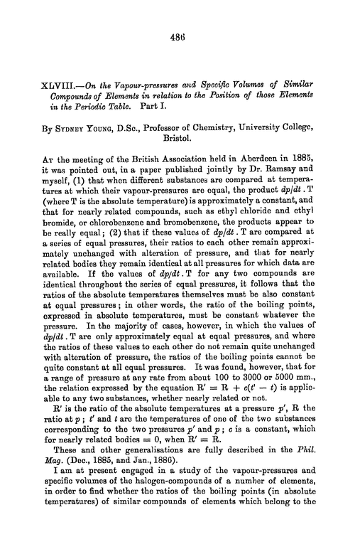 XLVIII.—On the vapour-pressures and specific volumes of similar compounds of elements in relation to the position of those elements in the periodic table. Part I