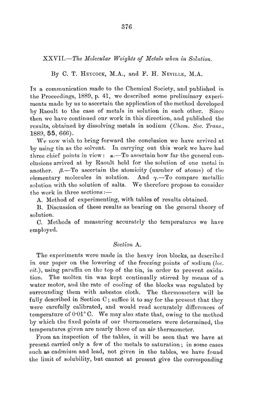 XXVII.—The molecular weights of metals when in solution