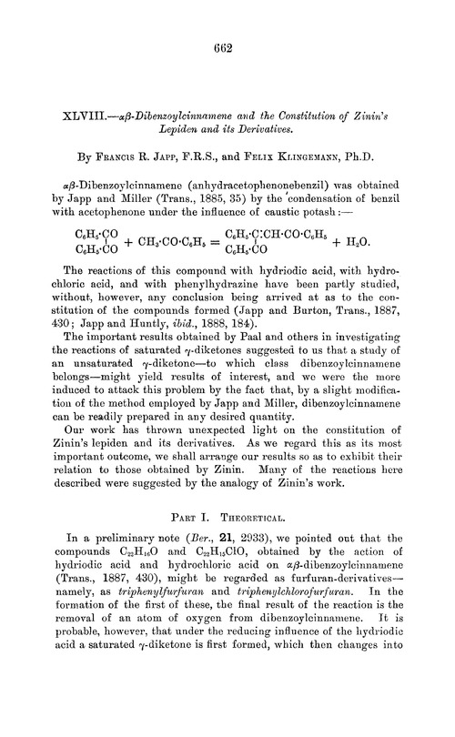 XLVIII.—αβ-Dibenzoylcinnamene and the constitution of Zinin's lepiden and its derivatives