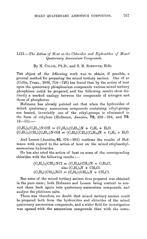 LIII.—The action of heat on the chlorides and hydroxides of mixed quaternary ammonium compounds