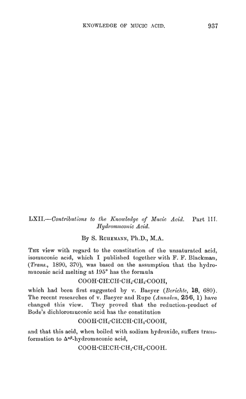 LXII.—Contributions to the knowledge of mucic acid. Part III. Hydromuconic acid
