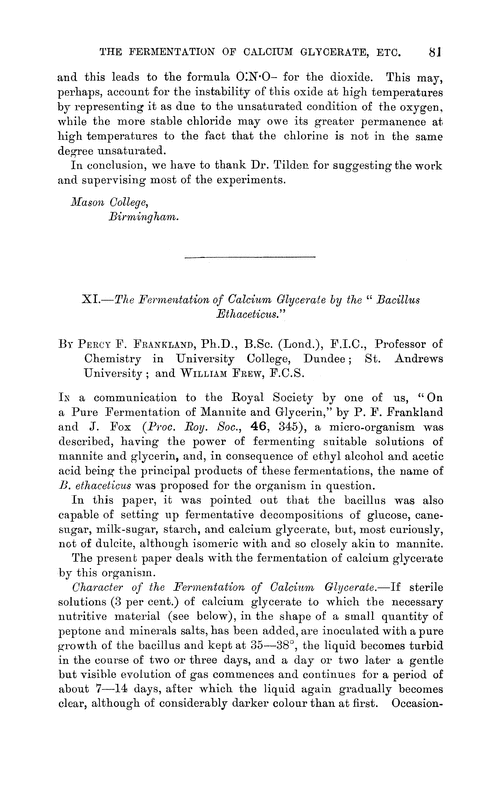 XI.—The fermentation of calcium glycerate by the “Bacillus ethaceticus”