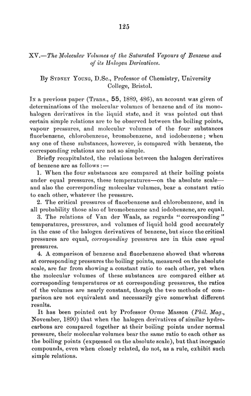 XV.—The molecular volumes of the saturated vapours of benzene and of its halogen derivatives